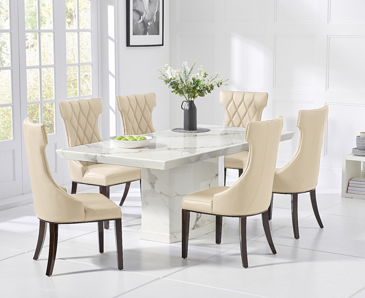 Photo 2 of Carvelle 160cm white pedestal marble dining table with 4 cream sophia chairs