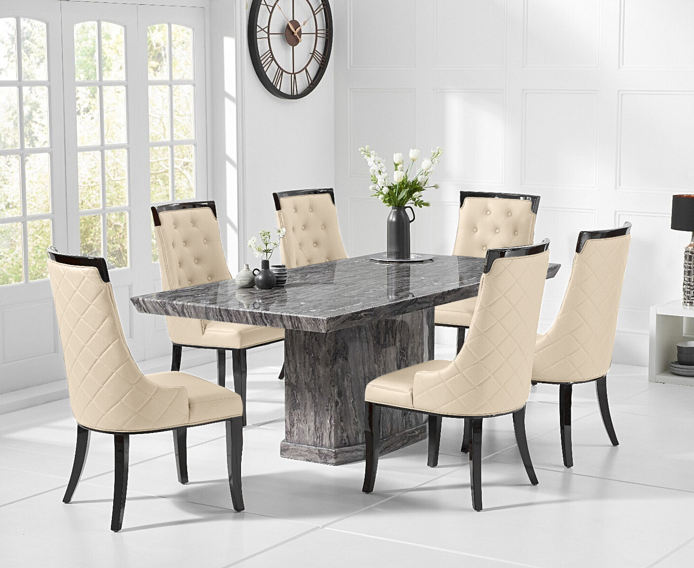 Photo 2 of Carvelle 200cm grey pedestal marble dining table with 12 grey francesca chairs