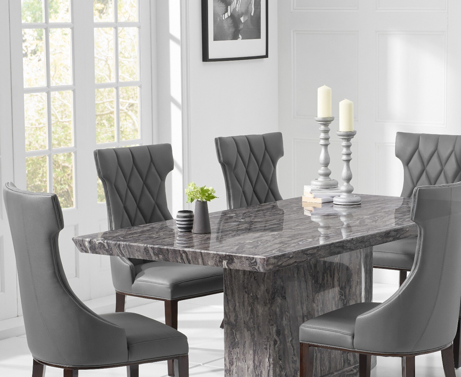 Photo 3 of Carvelle 200cm grey pedestal marble dining table with 10 cream sophia chairs