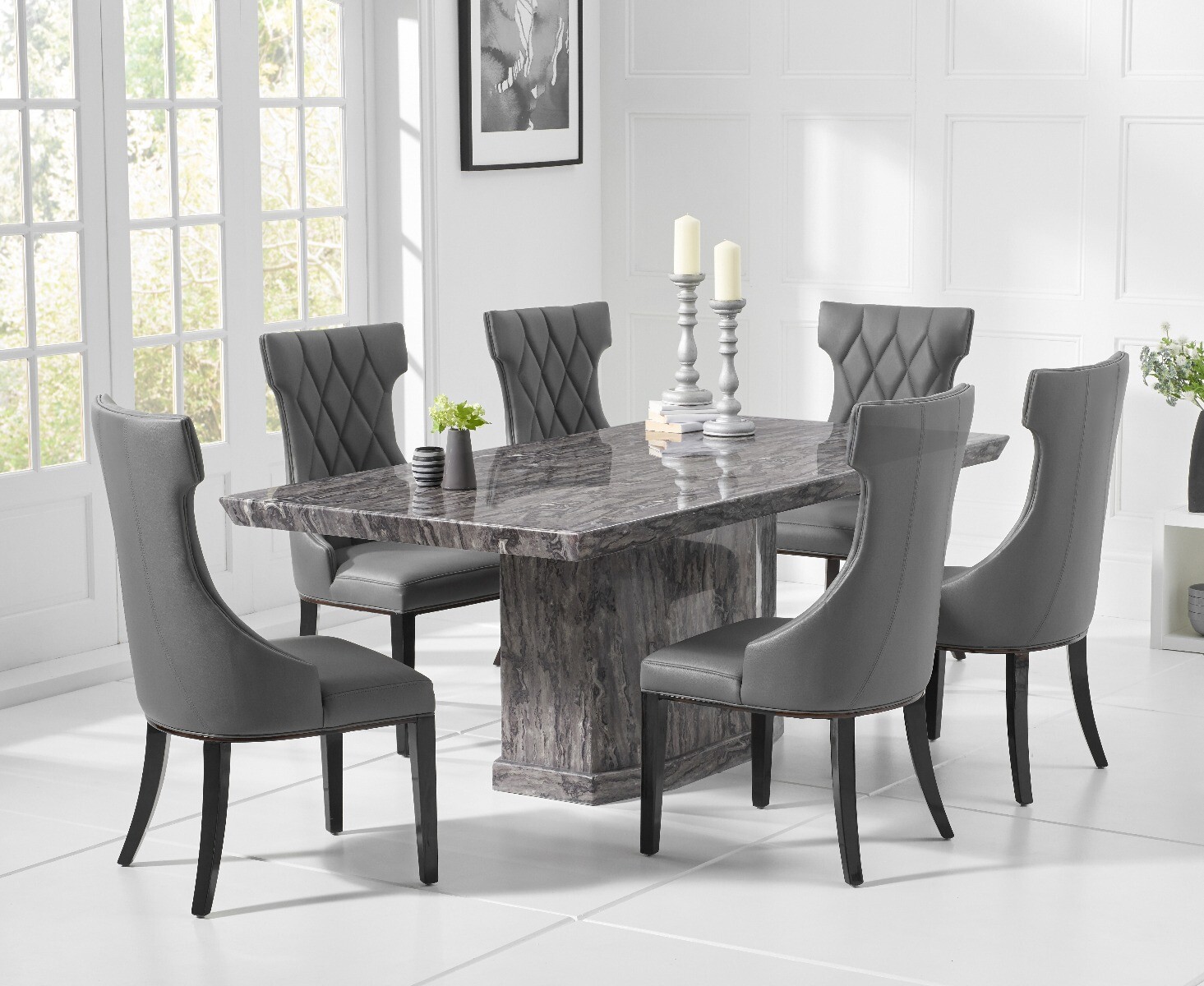 Product photograph of Carvelle 200cm Grey Pedestal Marble Dining Table With 6 Cream Sophia Chairs from Oak Furniture Superstore