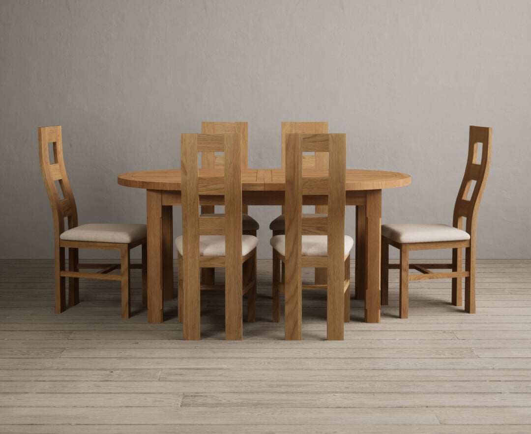 Extending Caversham Oak Oval Dining Table With 6 Brown Natural Chairs