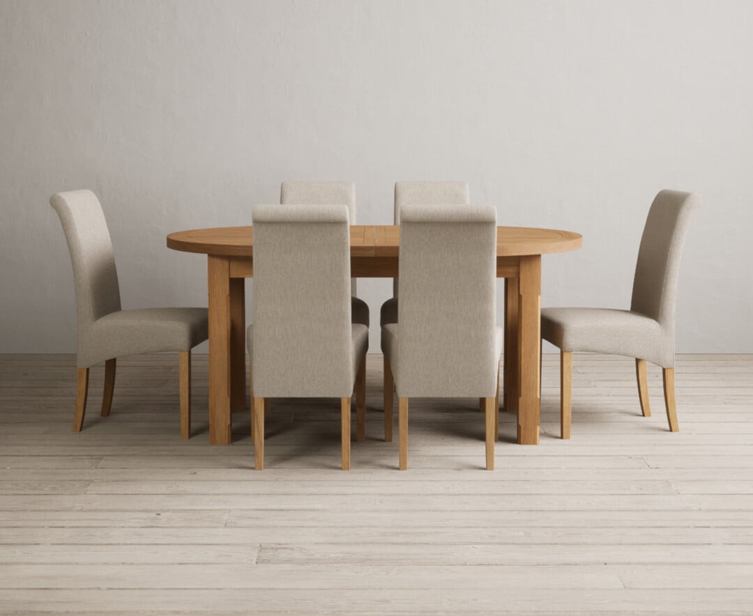 Extending Caversham Oak Oval Dining Table With 8 Blue Scroll Back Chairs