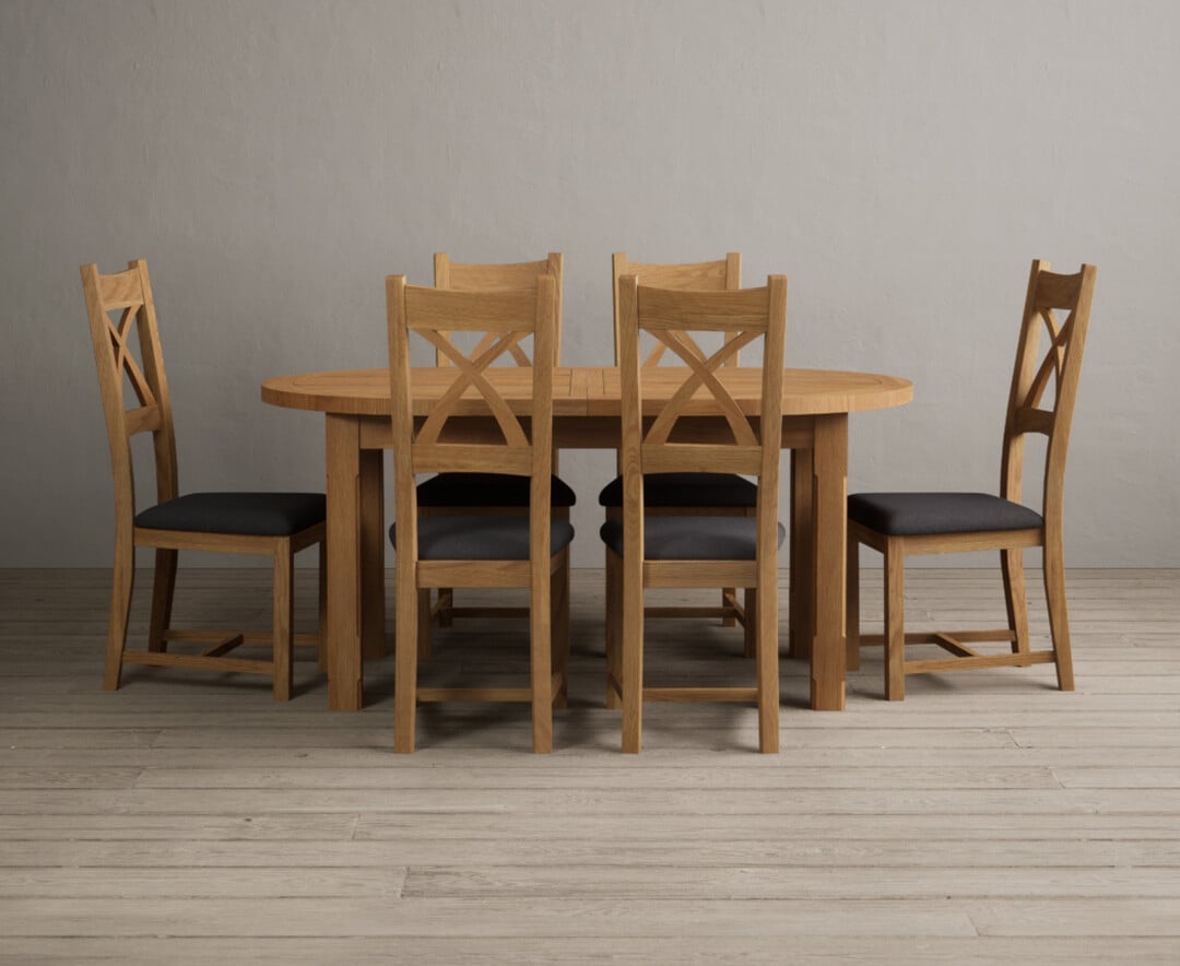 Extending Caversham Oak Oval Dining Table With 6 Blue Natural Solid Oak Chairs