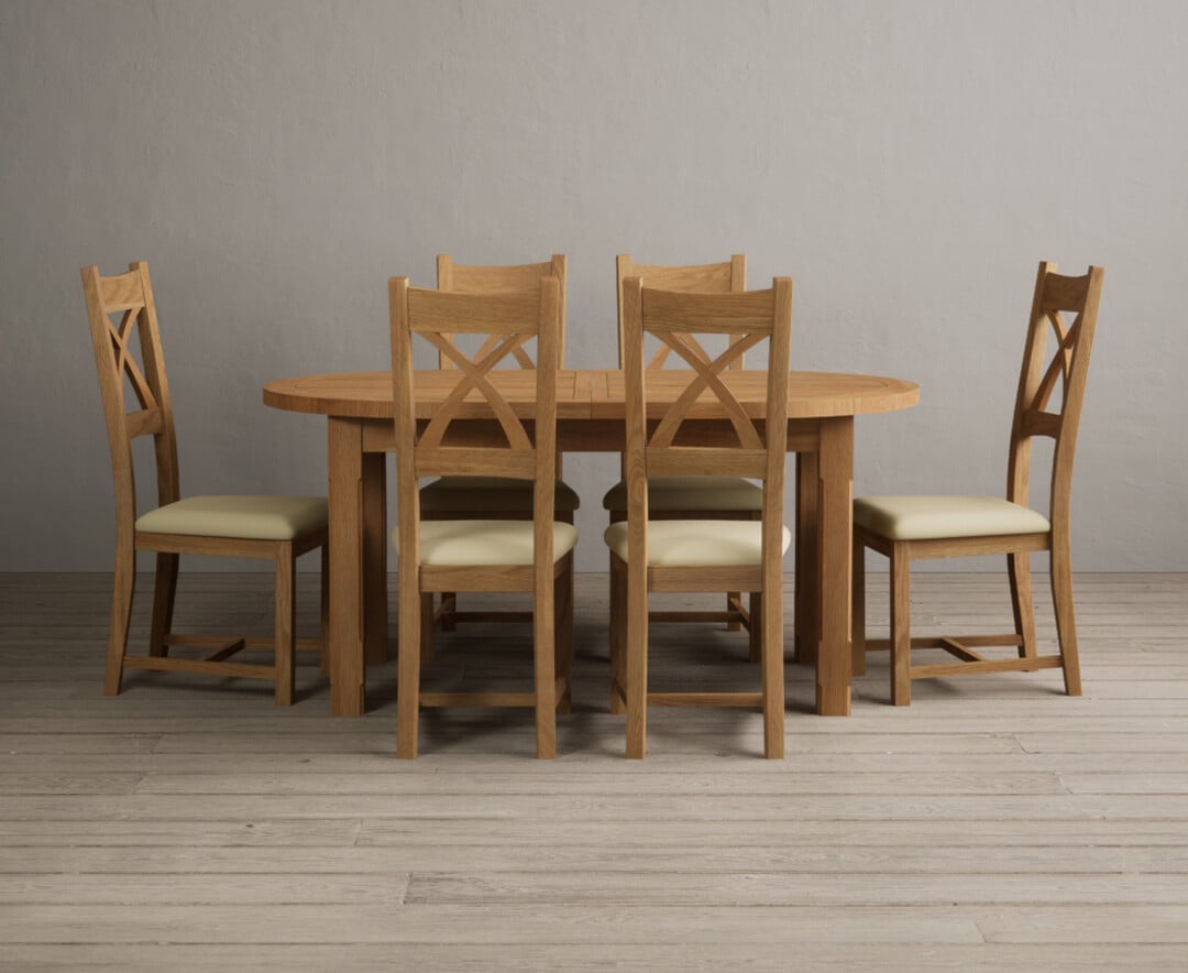 Extending Caversham Oak Oval Dining Table With 8 Brown Natural Solid Oak Chairs