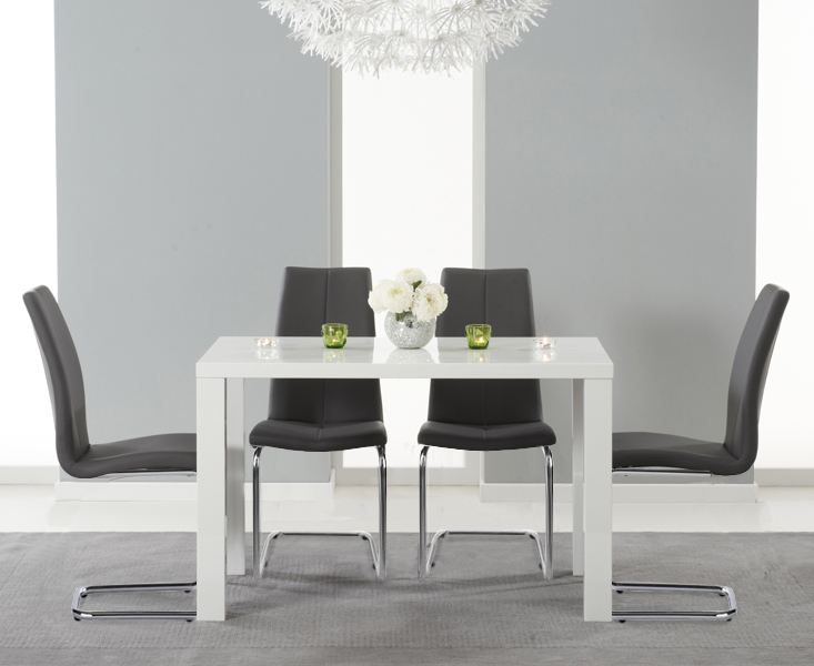 Photo 4 of Seattle 120cm white high gloss dining table with 4 grey gianni chairs