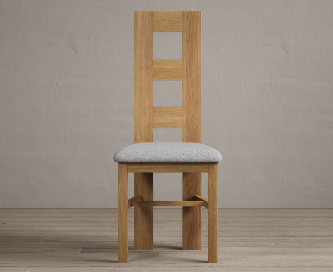Product photograph of Natural Solid Oak Flow Back Dining Chairs With Light Grey Fabric Seat Pad from Oak Furniture Superstore