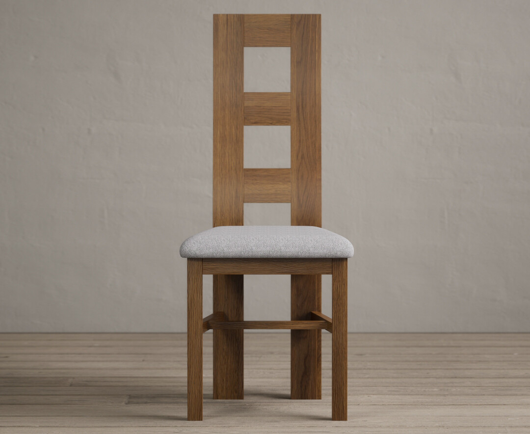 Rustic Solid Oak Flow Back Dining Chairs With Light Grey Fabric Seat Pad