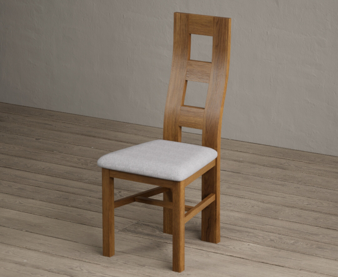 Photo 4 of Rustic solid oak flow back dining chairs with light grey fabric seat pad