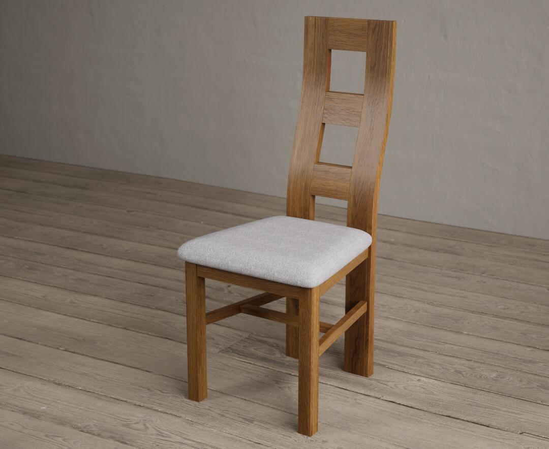 Photo 3 of Rustic solid oak flow back dining chairs with light grey fabric seat pad