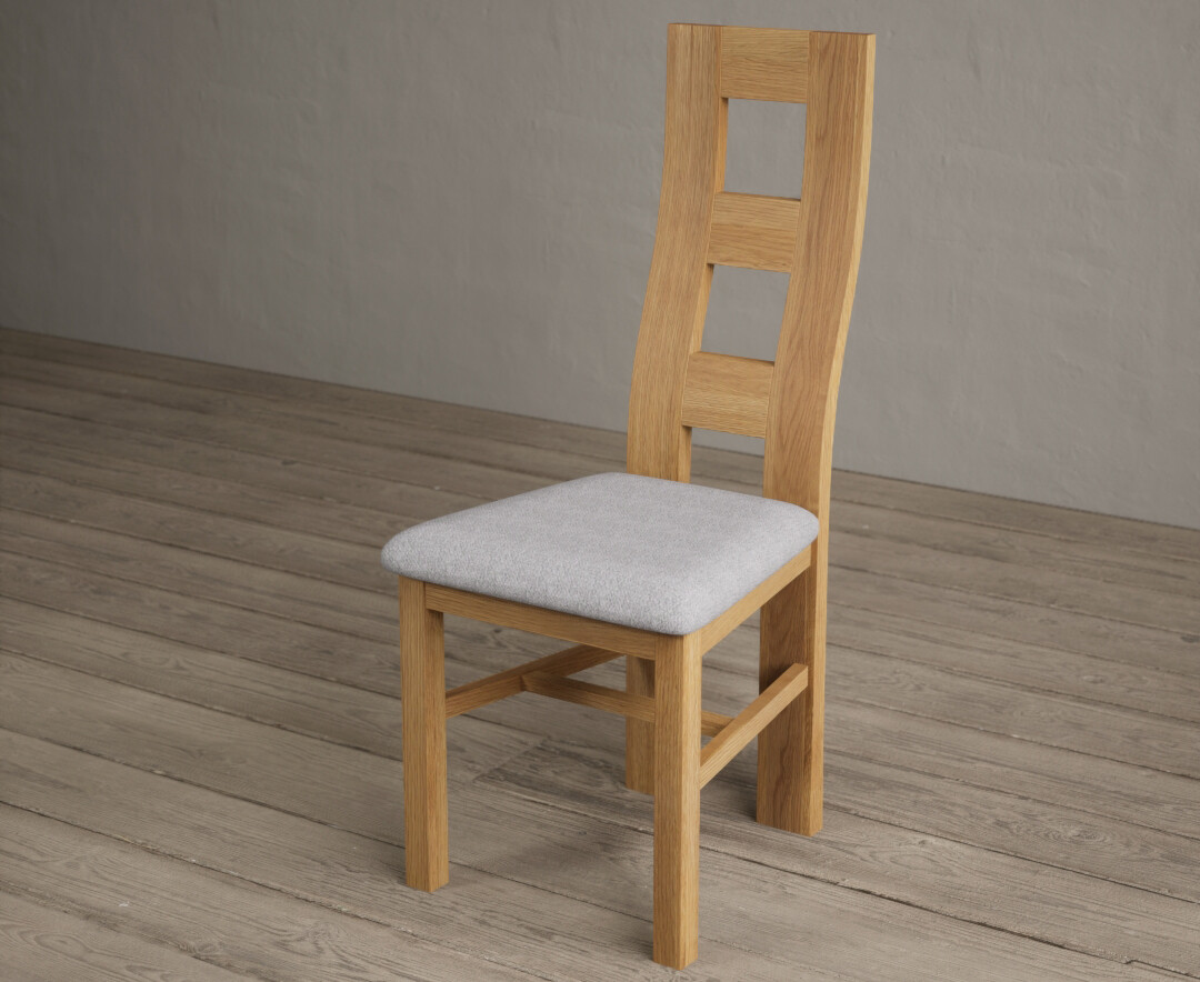 Photo 3 of Natural solid oak flow back dining chairs with light grey fabric seat pad