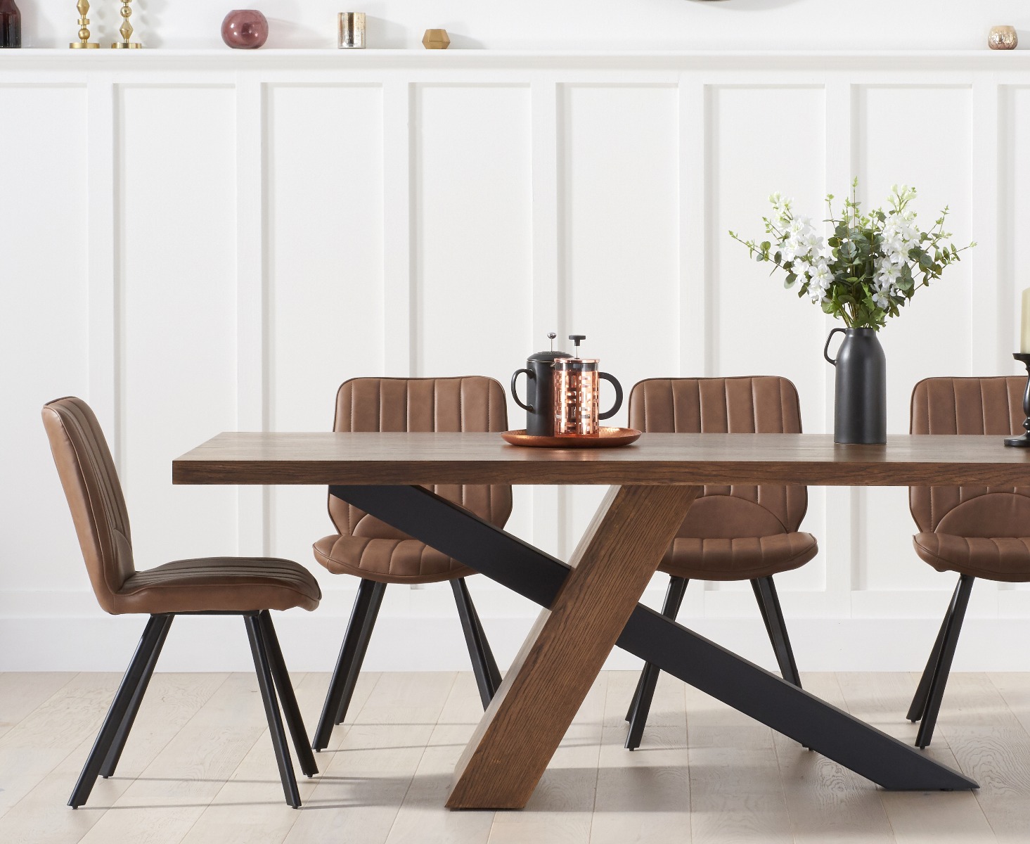 Product photograph of Michigan 180cm Black Leg Industrial Dining Table With 6 Brown Hendrick Faux Leather Dining Chairs from Oak Furniture Superstore.