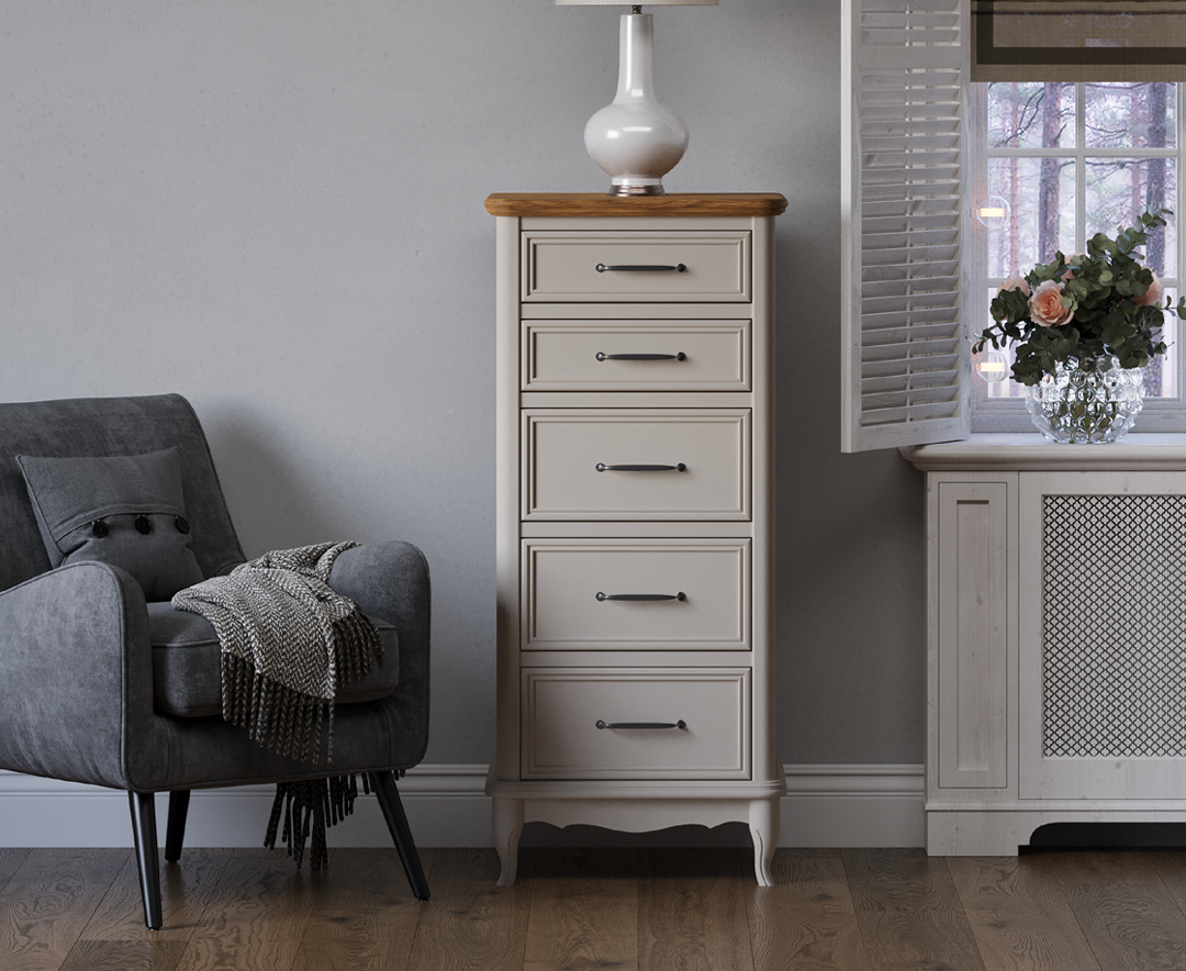 Product photograph of Chateau Oak And Soft White Painted 5 Drawer Tallboy from Oak Furniture Superstore