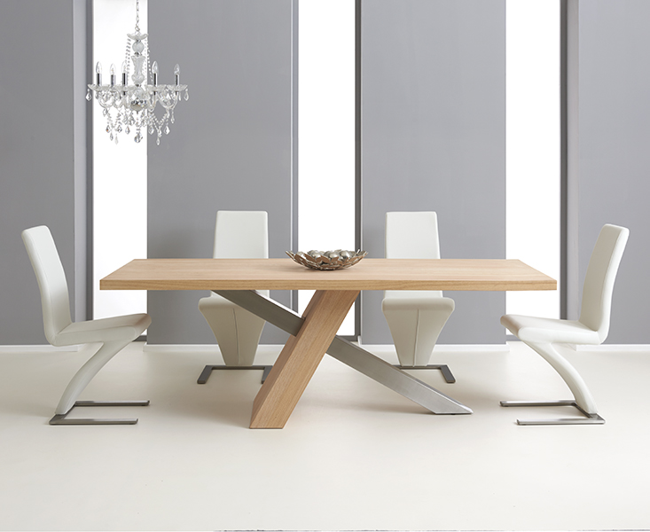 Product photograph of Michigan 180cm Solid Oak And Metal Industrial Dining Table With 8 White Aldo Chairs from Oak Furniture Superstore