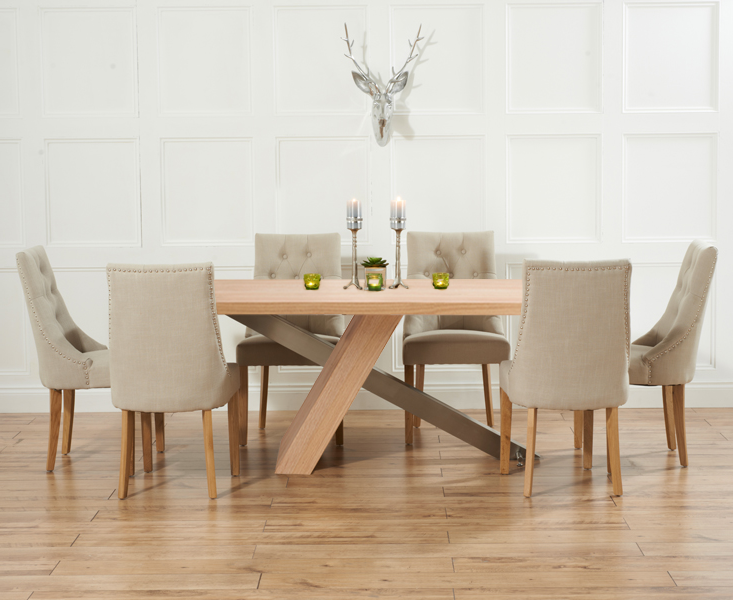 Product photograph of Michigan 180cm Oak And Metal Industrial Dining Table With 6 Natural Beatrix Fabric Chairs from Oak Furniture Superstore