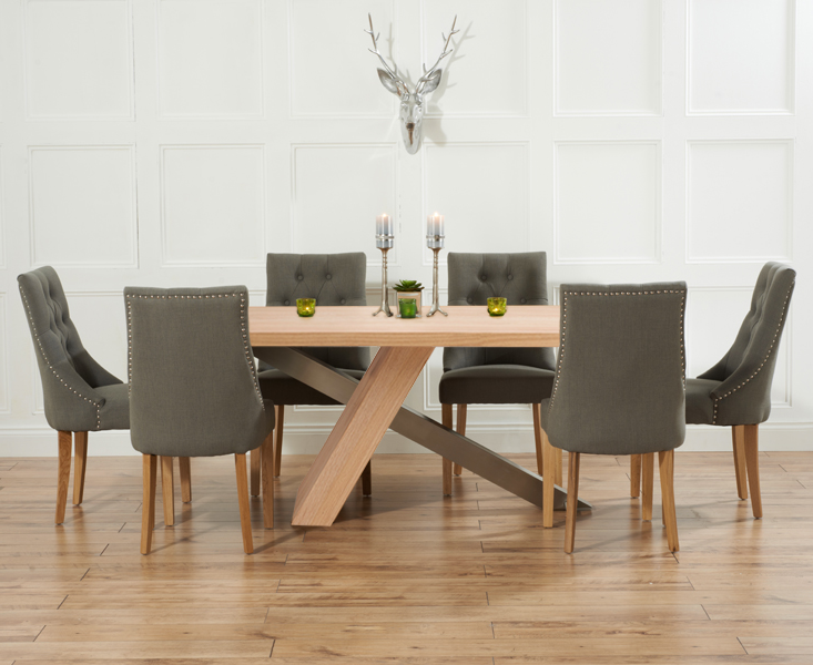 Product photograph of Michigan 180cm Oak And Metal Industrial Dining Table With 6 Grey Beatrix Fabric Chairs from Oak Furniture Superstore
