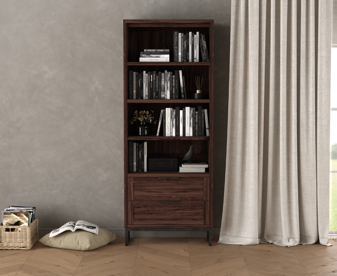 Product photograph of Dakota Dark Acacia And Metal Tall Bookcase from Oak Furniture Superstore