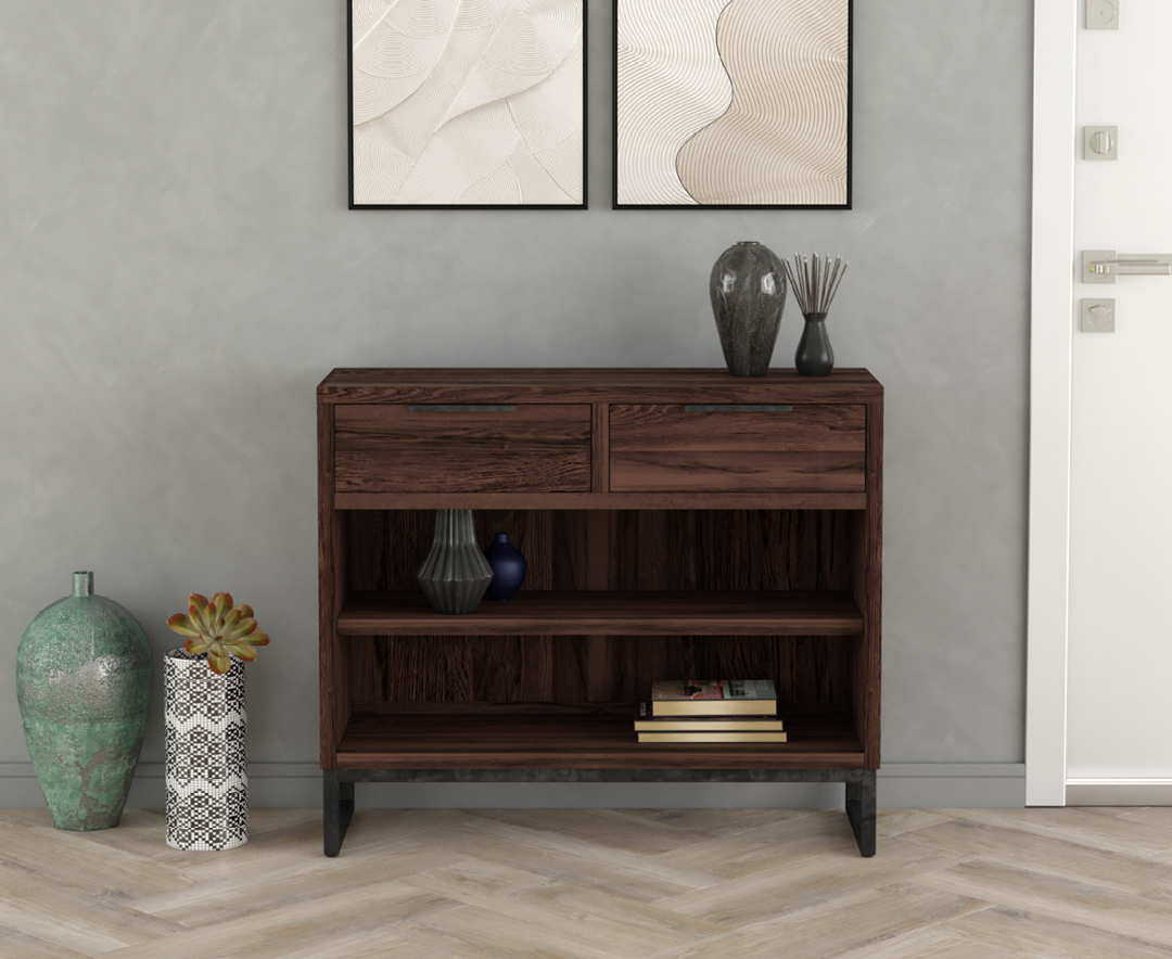Product photograph of Dakota Dark Acacia And Metal Console Table from Oak Furniture Superstore