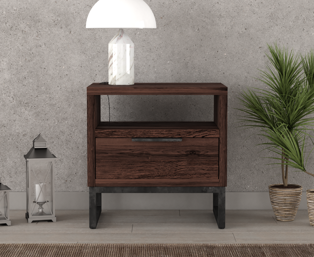 Product photograph of Dakota Dark Acacia And Metal Lamp Table from Oak Furniture Superstore