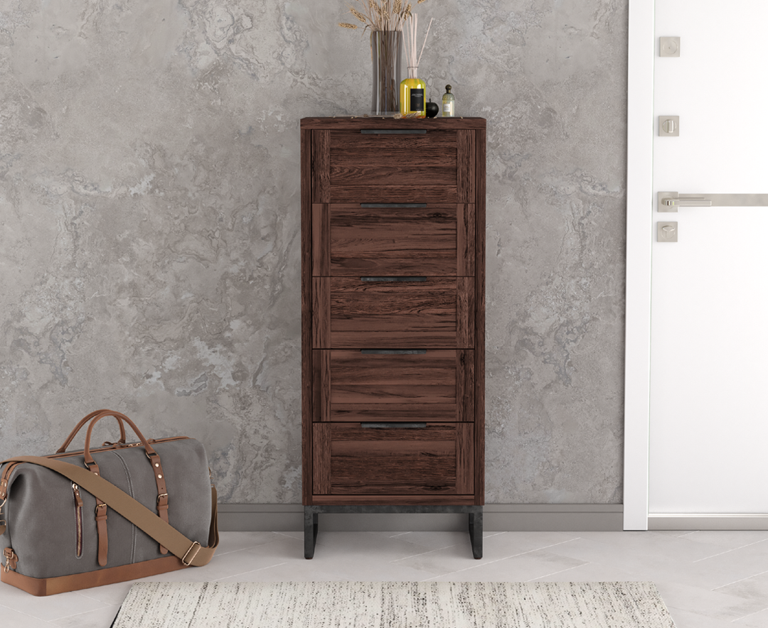 Product photograph of Dakota Dark Acacia And Metal 5 Drawer Tallboy Chest from Oak Furniture Superstore