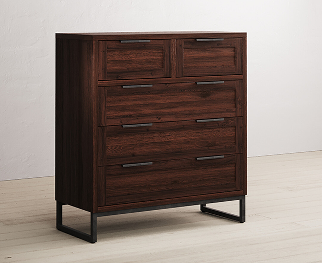 Product photograph of Dakota Dark Acacia And Metal 2 Over 3 Chest Of Drawers from Oak Furniture Superstore.