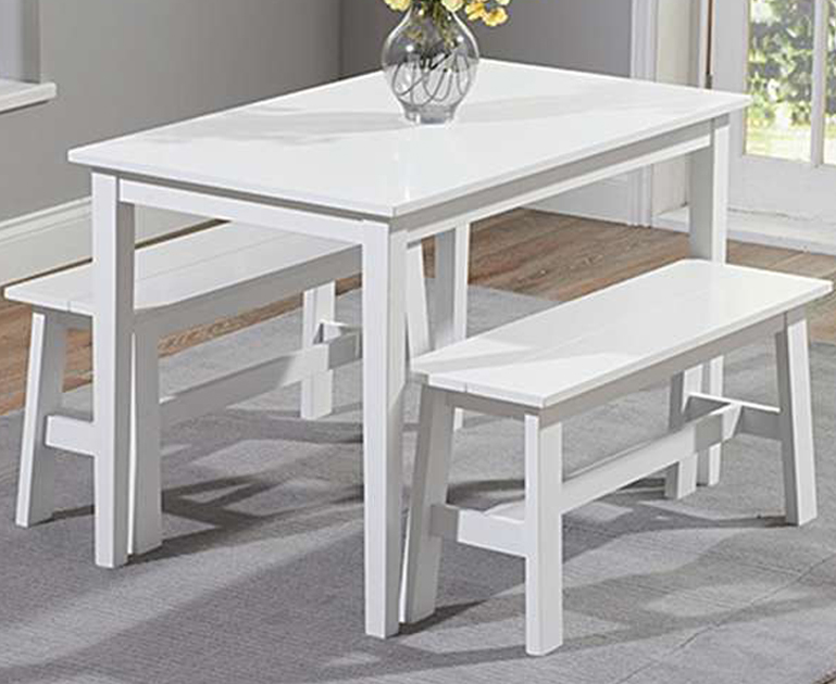 Product photograph of Chiltern 114cm White Painted Dining Set With Benches from Oak Furniture Superstore