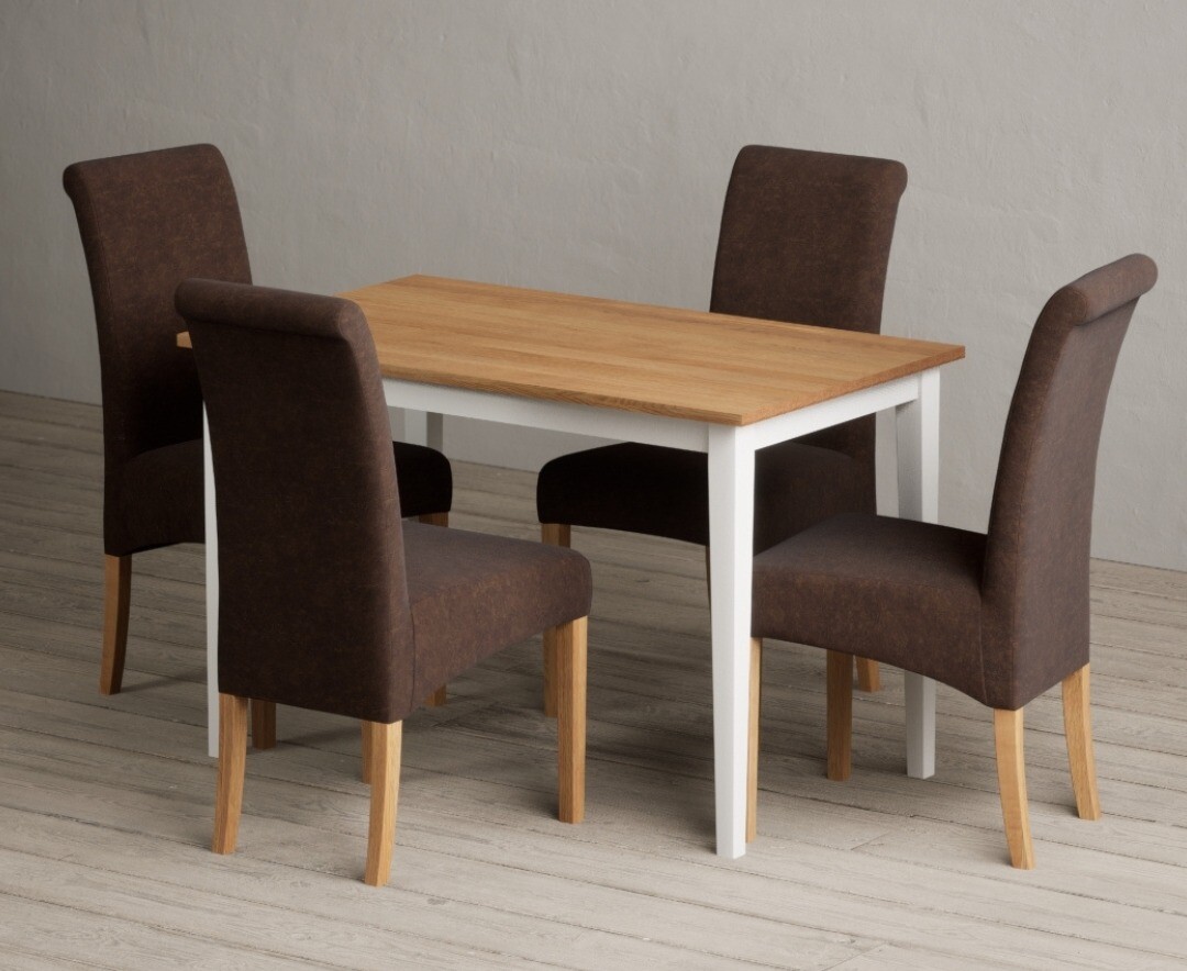 Product photograph of Chiltern 114cm White And Oak Painted Dining Table With 4 Brown Scroll Back Chairs from Oak Furniture Superstore