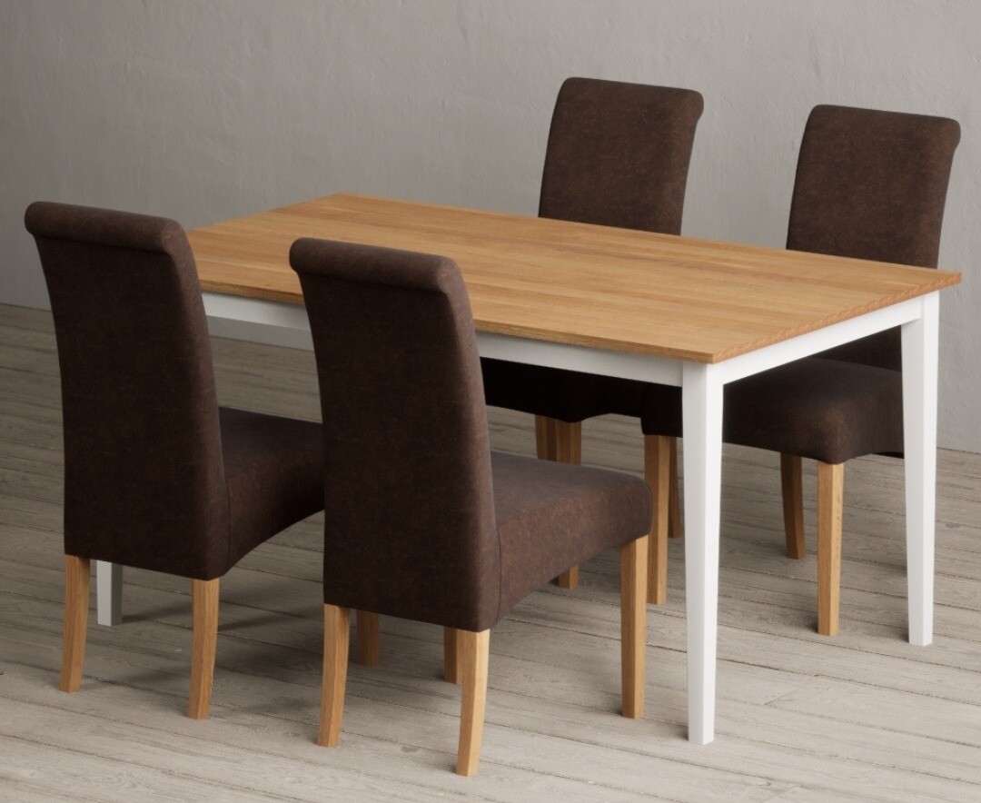Product photograph of Chiltern 150cm White And Oak Painted Dining Table With 4 Brown Scroll Back Chairs from Oak Furniture Superstore