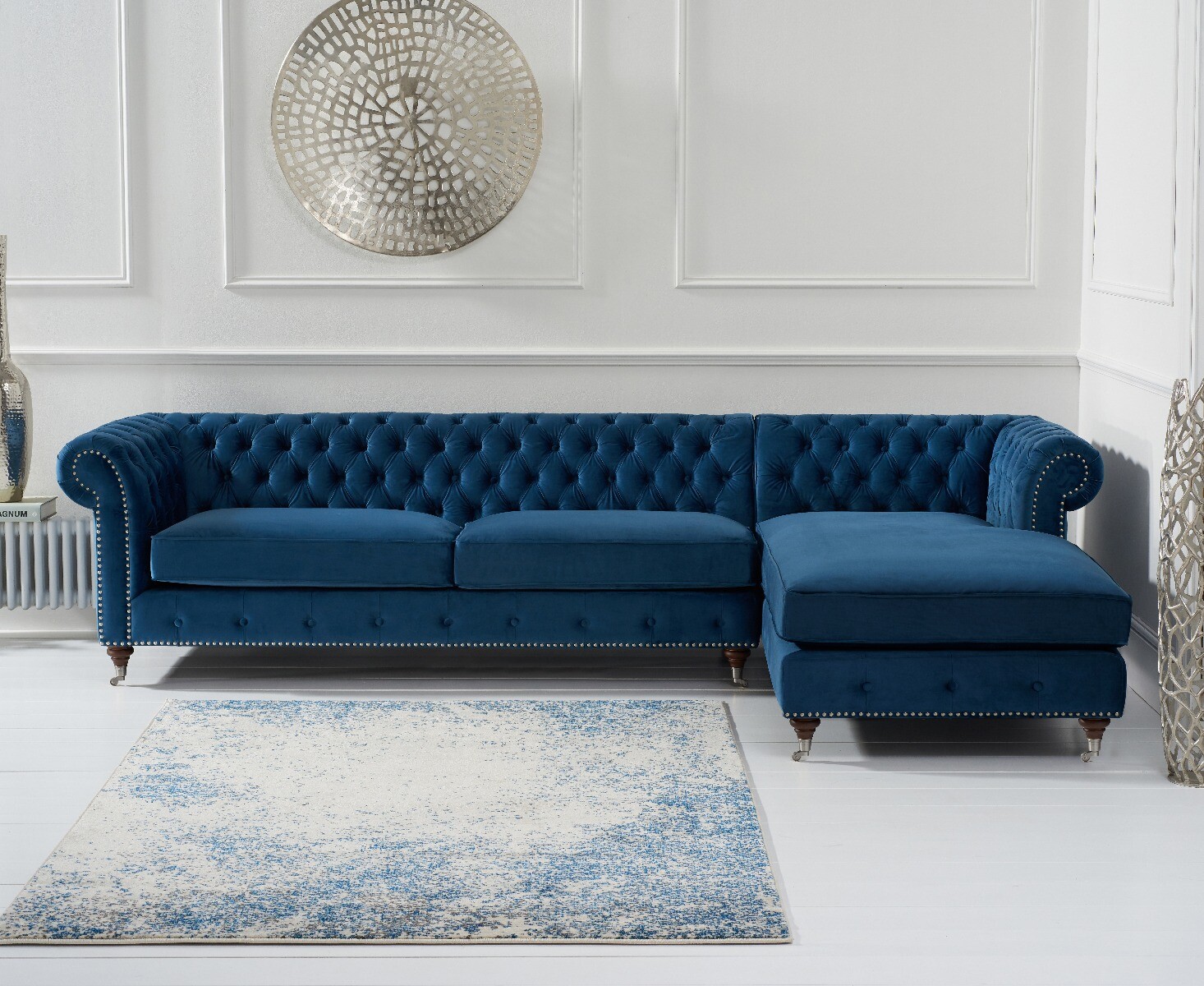 Product photograph of Chiswick Extra Large Blue Velvet Right Facing Chesterfield Corner Chaise Sofa from Oak Furniture Superstore