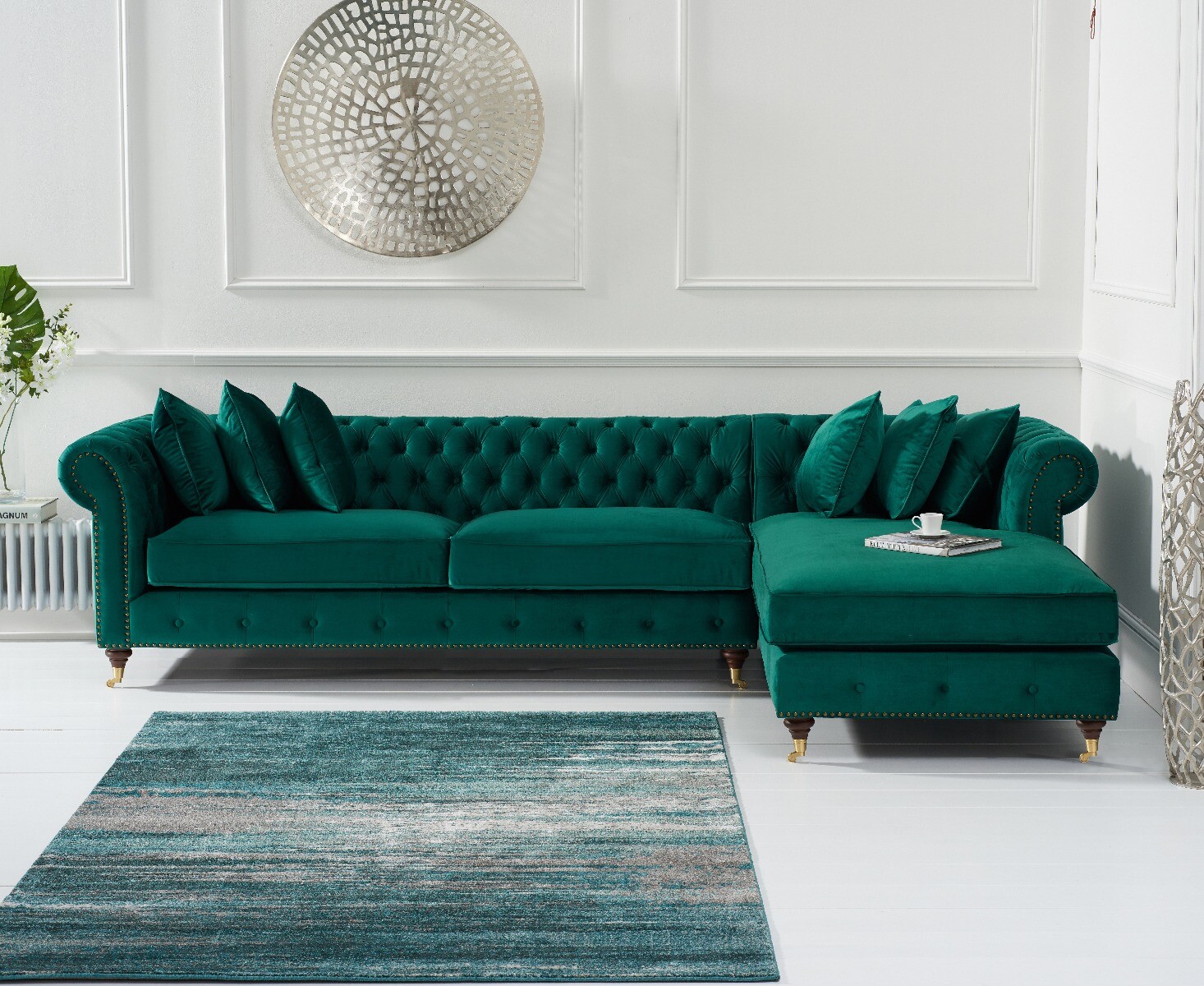 Product photograph of Chiswick Extra Large Green Velvet Right Facing Chesterfield Corner Chaise Sofa from Oak Furniture Superstore