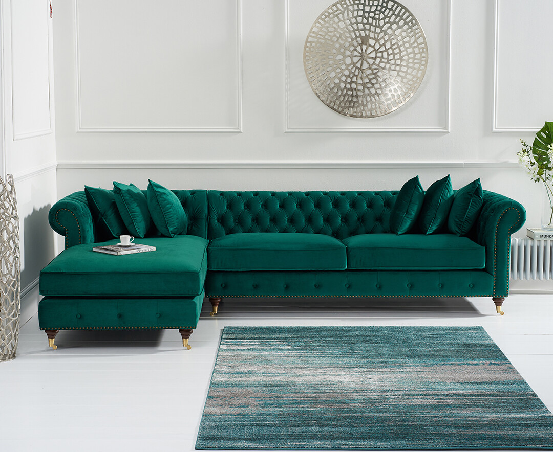 Product photograph of Chiswick Extra Large Green Velvet Left Facing Chesterfield Corner Chaise Sofa from Oak Furniture Superstore