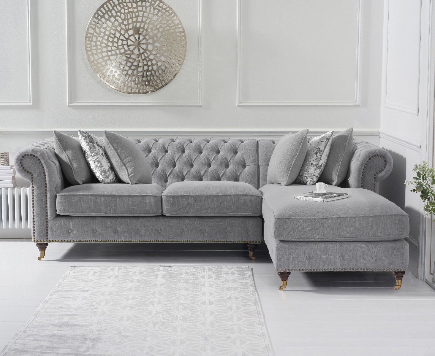 Product photograph of Chiswick 3 Seater Grey Linen Right Facing Chesterfield Corner Chaise Sofa from Oak Furniture Superstore