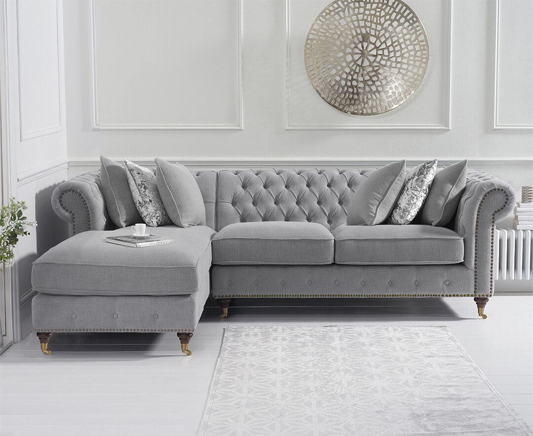 Product photograph of Chiswick 3 Seater Grey Linen Left Facing Chesterfield Corner Chaise Sofa from Oak Furniture Superstore