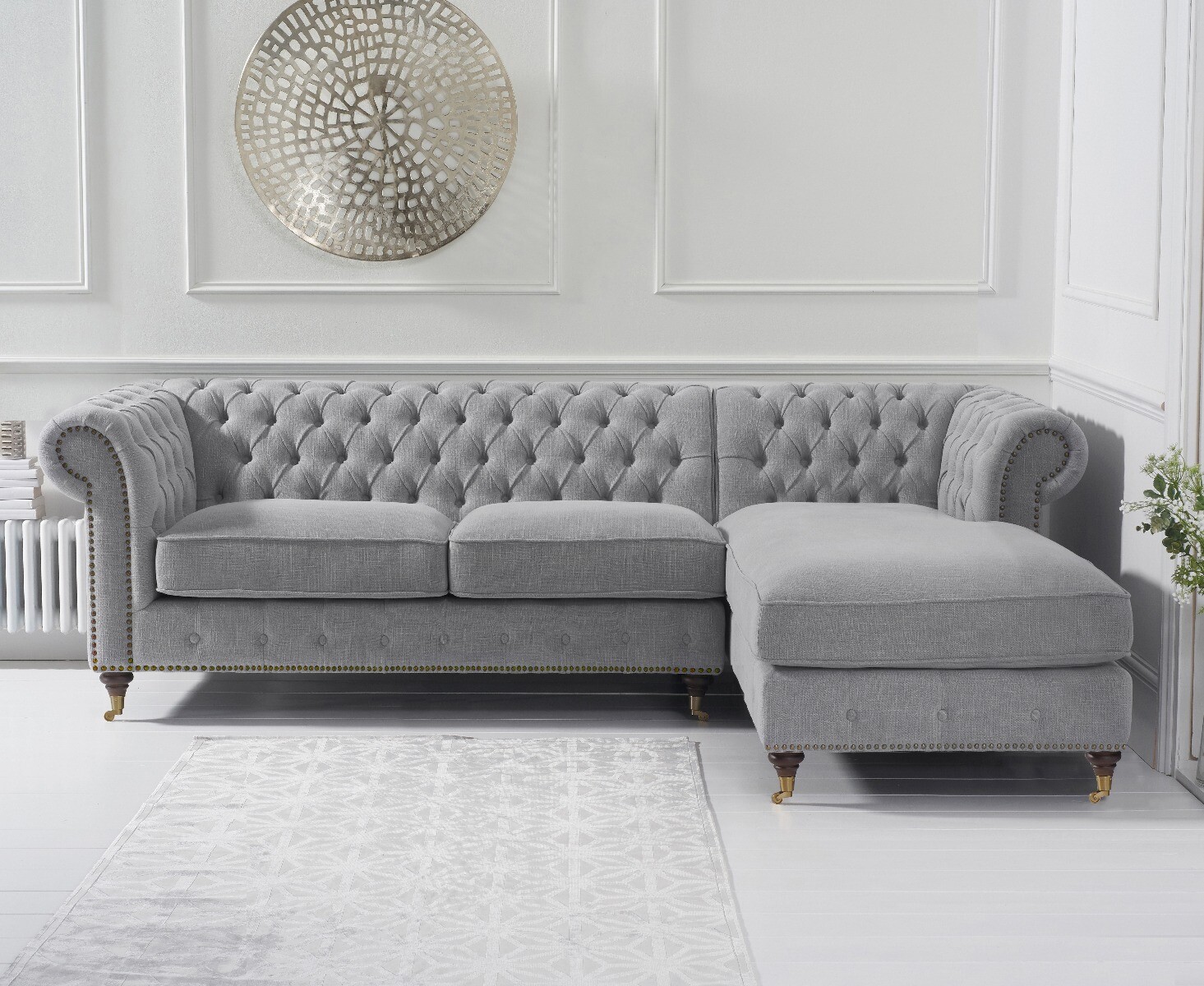 Product photograph of Chiswick 3 Seater Grey Linen Right Facing Chesterfield Corner Chaise Sofa from Oak Furniture Superstore.