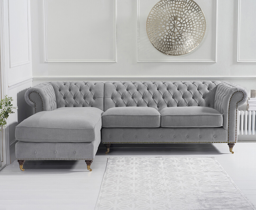 Product photograph of Chiswick 3 Seater Grey Linen Left Facing Chesterfield Corner Chaise Sofa from Oak Furniture Superstore.