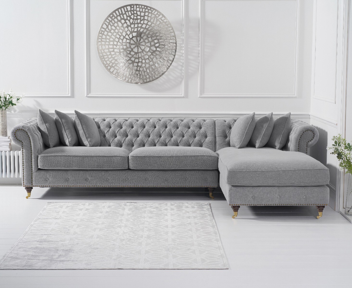 Product photograph of Chiswick Extra Large Grey Linen Right Facing Chesterfield Corner Chaise Sofa from Oak Furniture Superstore