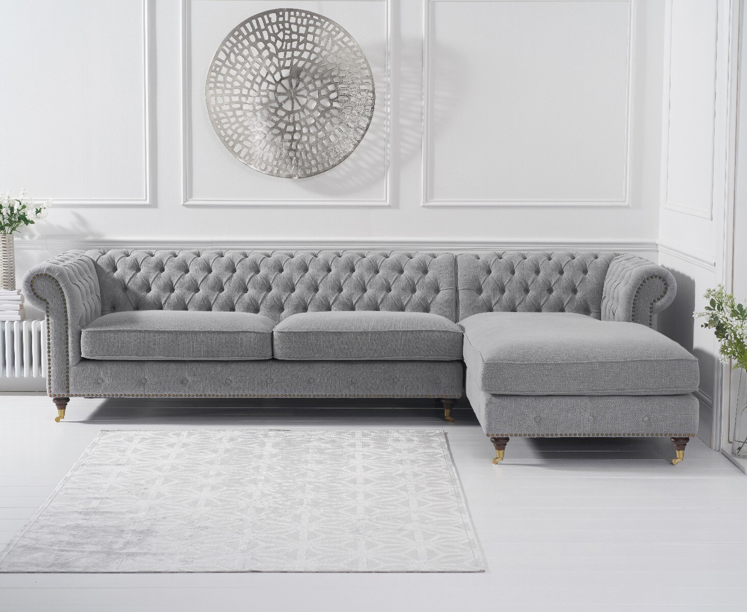 Product photograph of Chiswick Extra Large Grey Linen Right Facing Chesterfield Corner Chaise Sofa from Oak Furniture Superstore.
