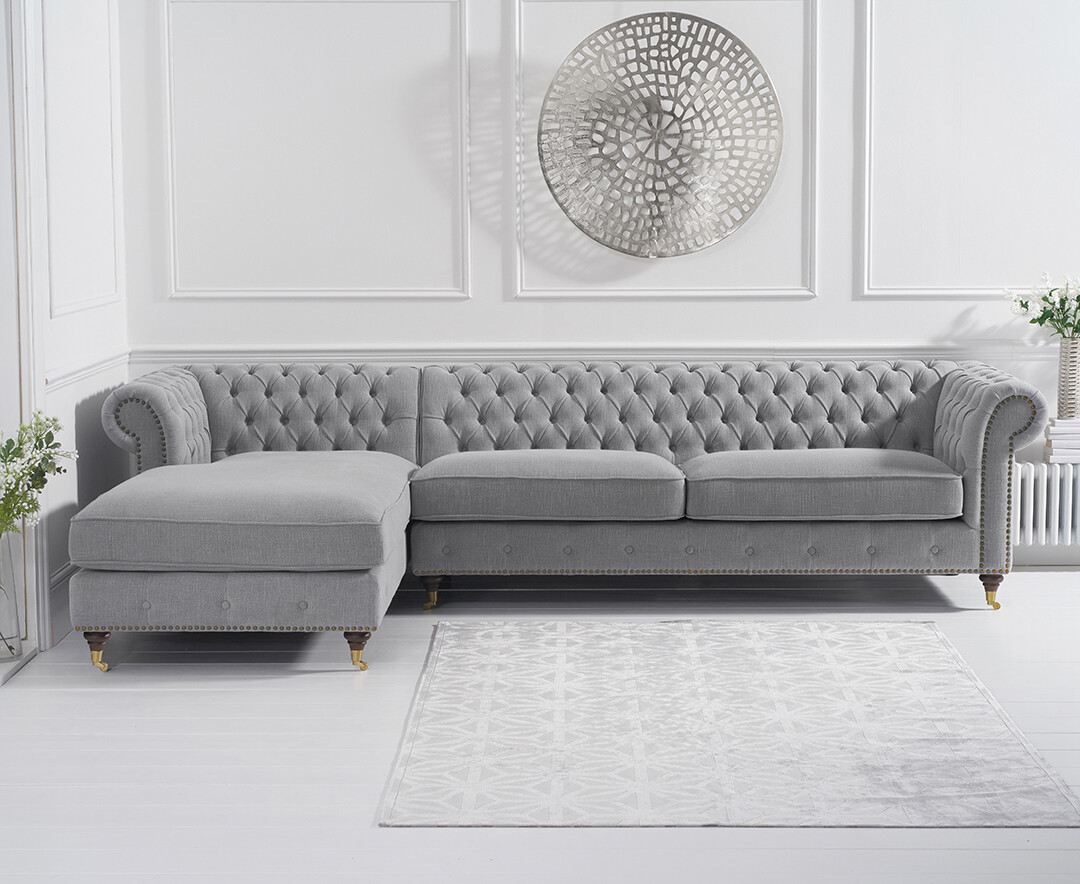 Product photograph of Chiswick Extra Large Grey Linen Left Facing Chesterfield Corner Chaise Sofa from Oak Furniture Superstore.