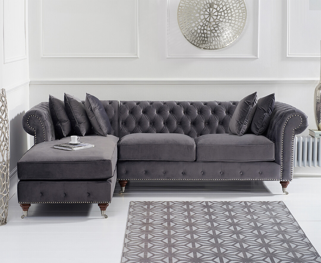 Product photograph of Chiswick 3 Seater Dark Grey Velvet Left Facing Chesterfield Corner Chaise Sofa from Oak Furniture Superstore