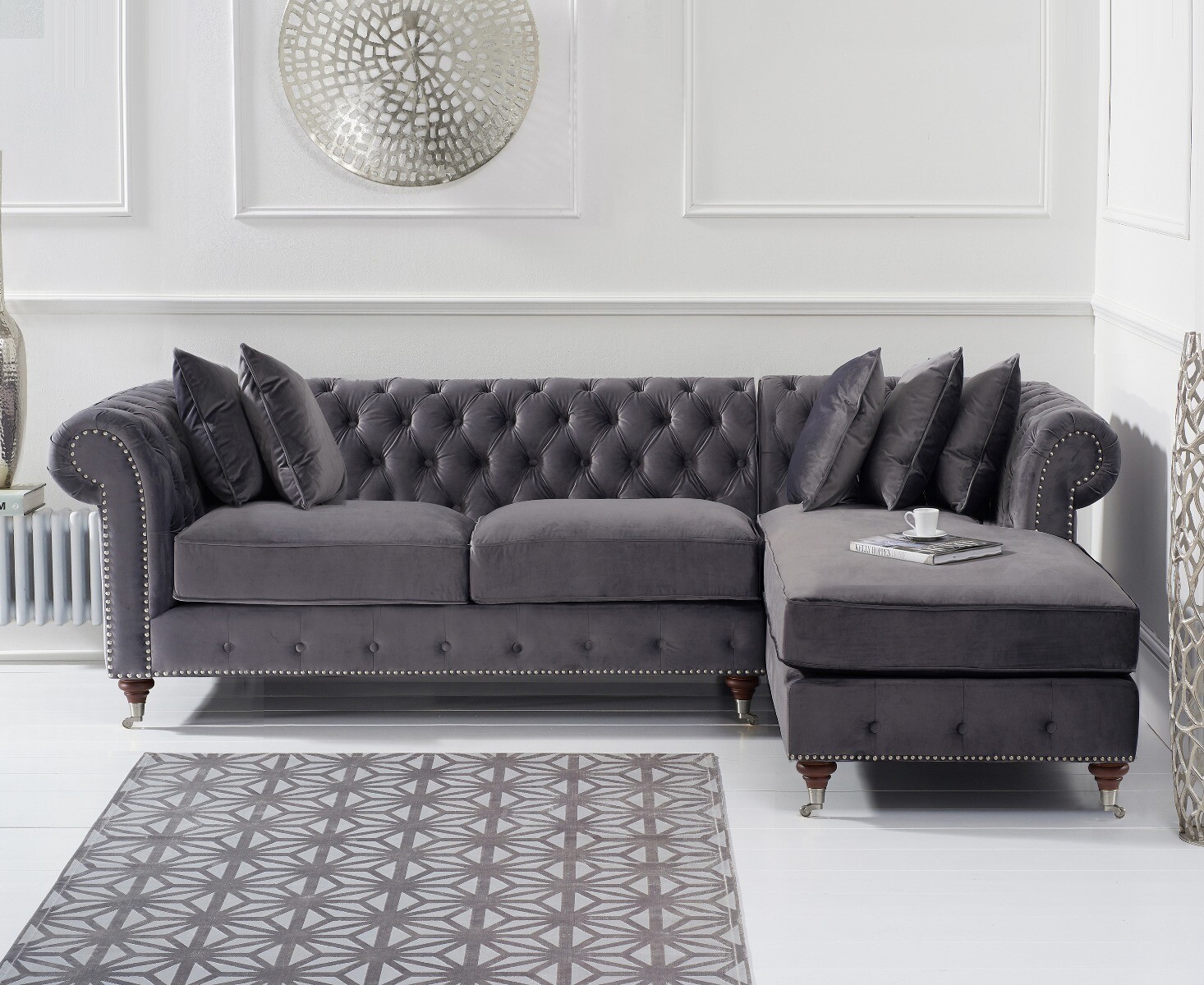 Product photograph of Chiswick 3 Seater Dark Grey Velvet Right Facing Chesterfield Corner Chaise Sofa from Oak Furniture Superstore
