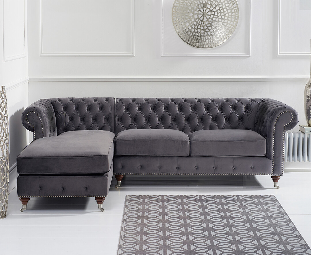 Product photograph of Chiswick 3 Seater Dark Grey Velvet Left Facing Chesterfield Corner Chaise Sofa from Oak Furniture Superstore.