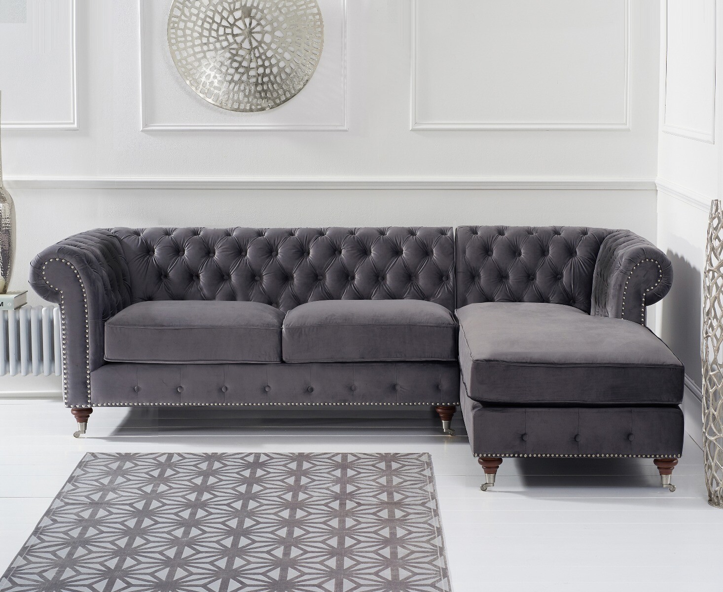 Product photograph of Chiswick 3 Seater Dark Grey Velvet Right Facing Chesterfield Corner Chaise Sofa from Oak Furniture Superstore.
