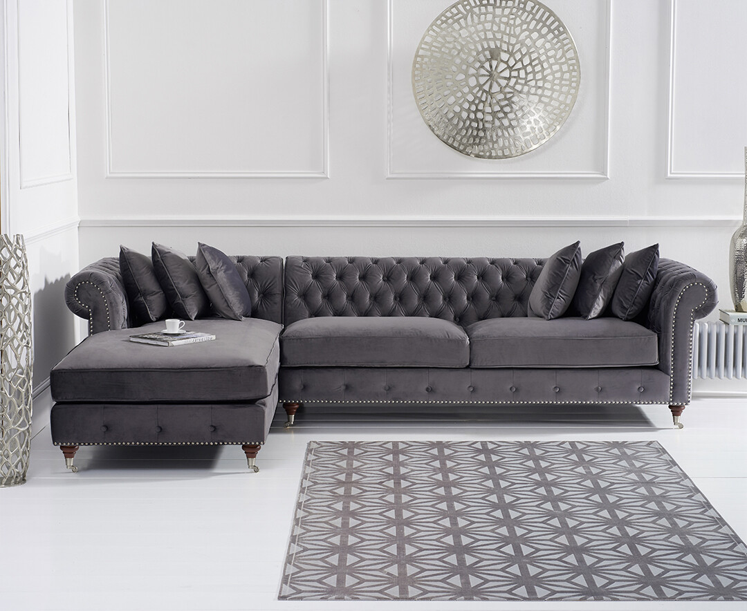 Product photograph of Chiswick Extra Large Dark Grey Velvet Left Facing Chesterfield Corner Chaise Sofa from Oak Furniture Superstore