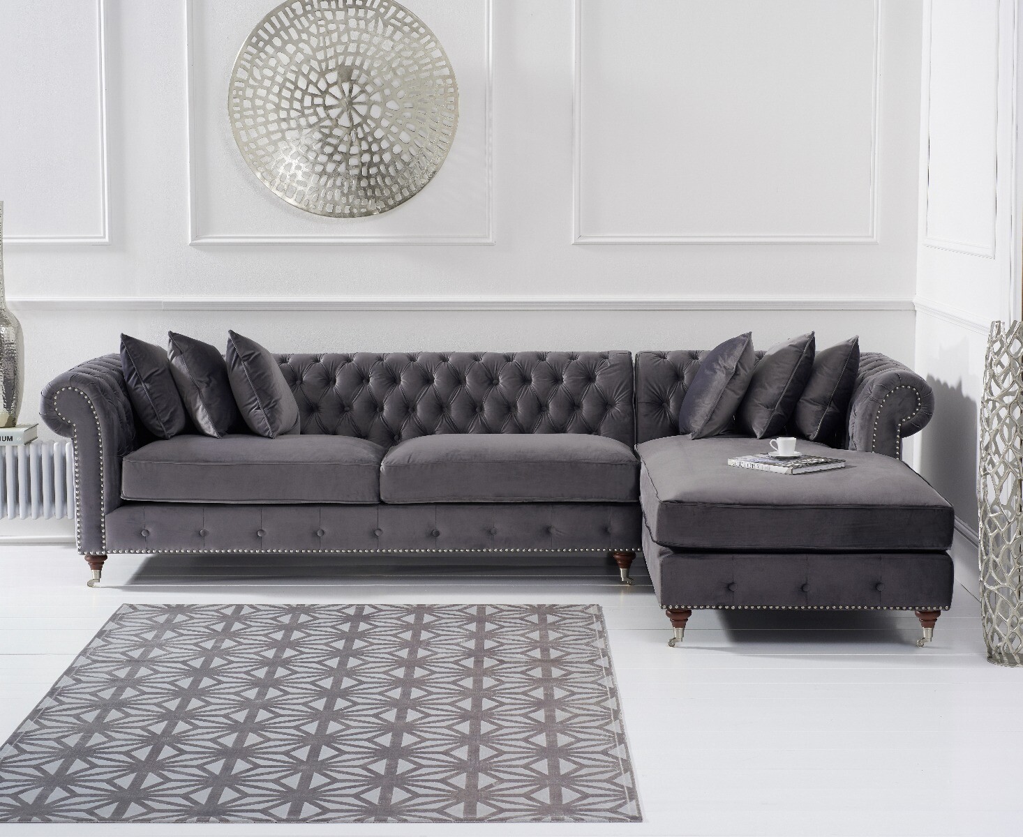 Product photograph of Chiswick Extra Large Dark Grey Velvet Right Facing Chesterfield Corner Chaise Sofa from Oak Furniture Superstore