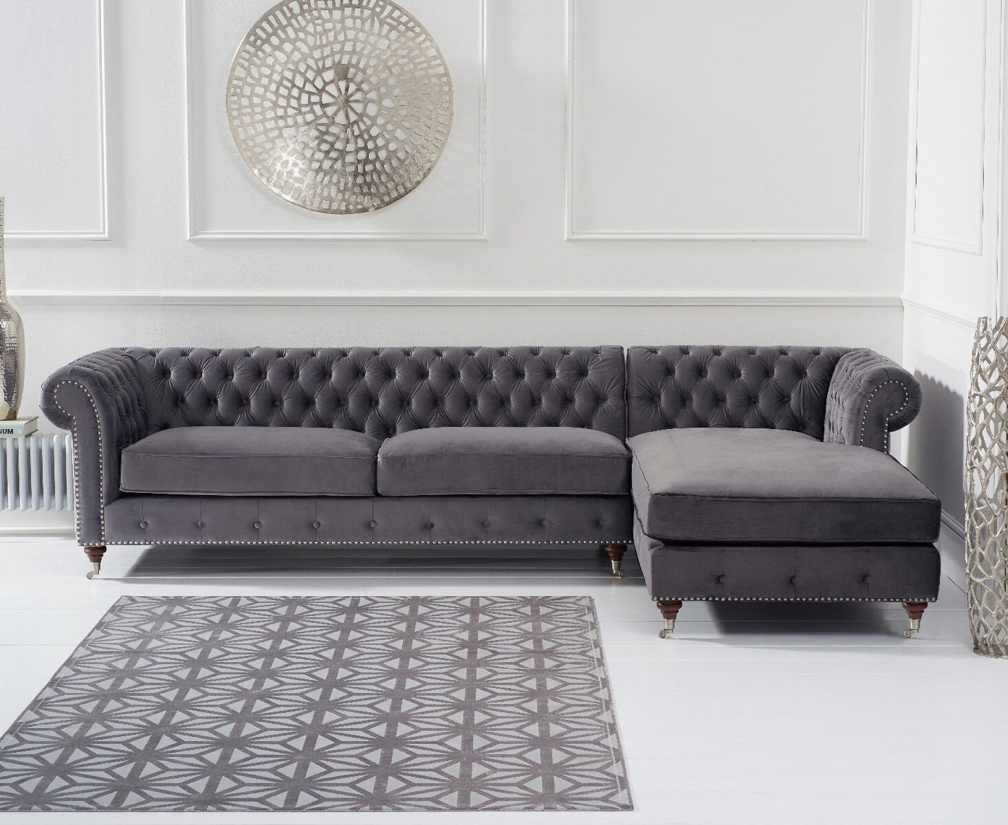 Product photograph of Chiswick Extra Large Dark Grey Velvet Right Facing Chesterfield Corner Chaise Sofa from Oak Furniture Superstore.