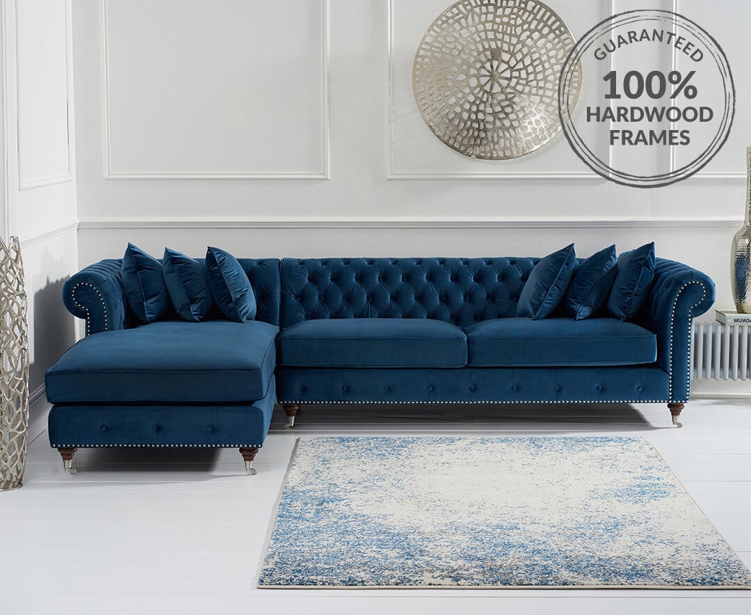 Chiswick Extra Large Blue Velvet Left Facing Chesterfield Corner Chaise Sofa