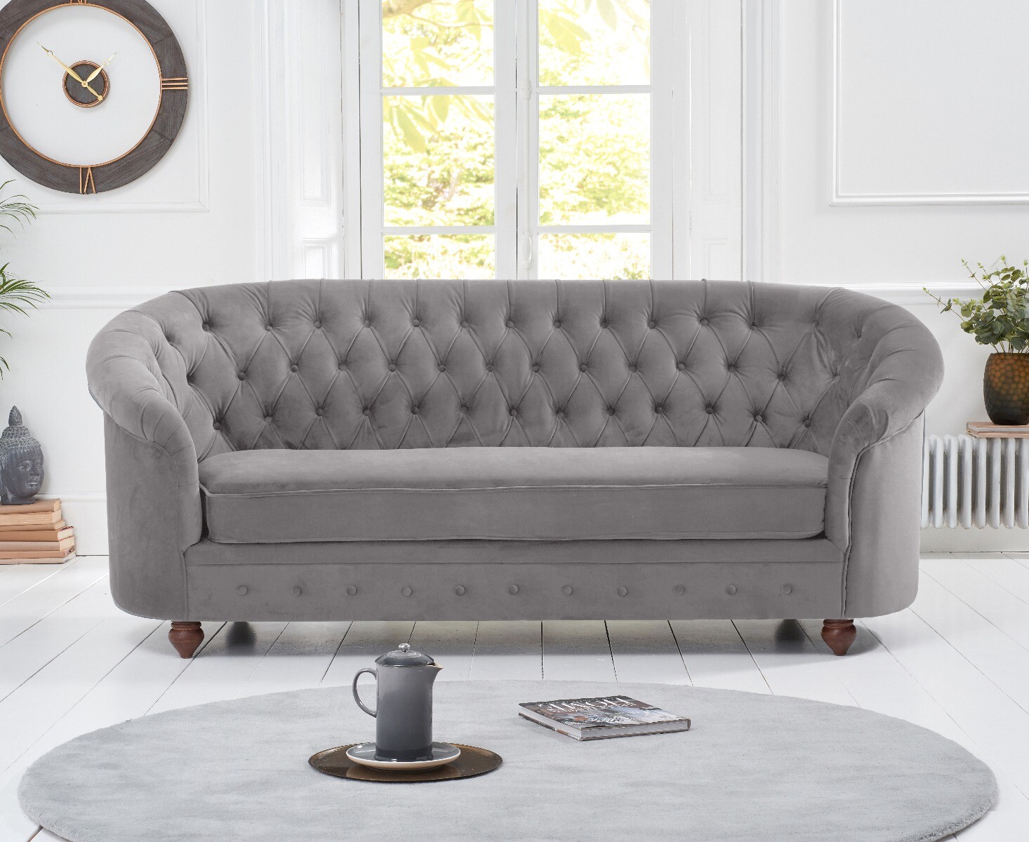 Product photograph of Apsley Chesterfield Grey Velvet 3 Seater Sofa from Oak Furniture Superstore.