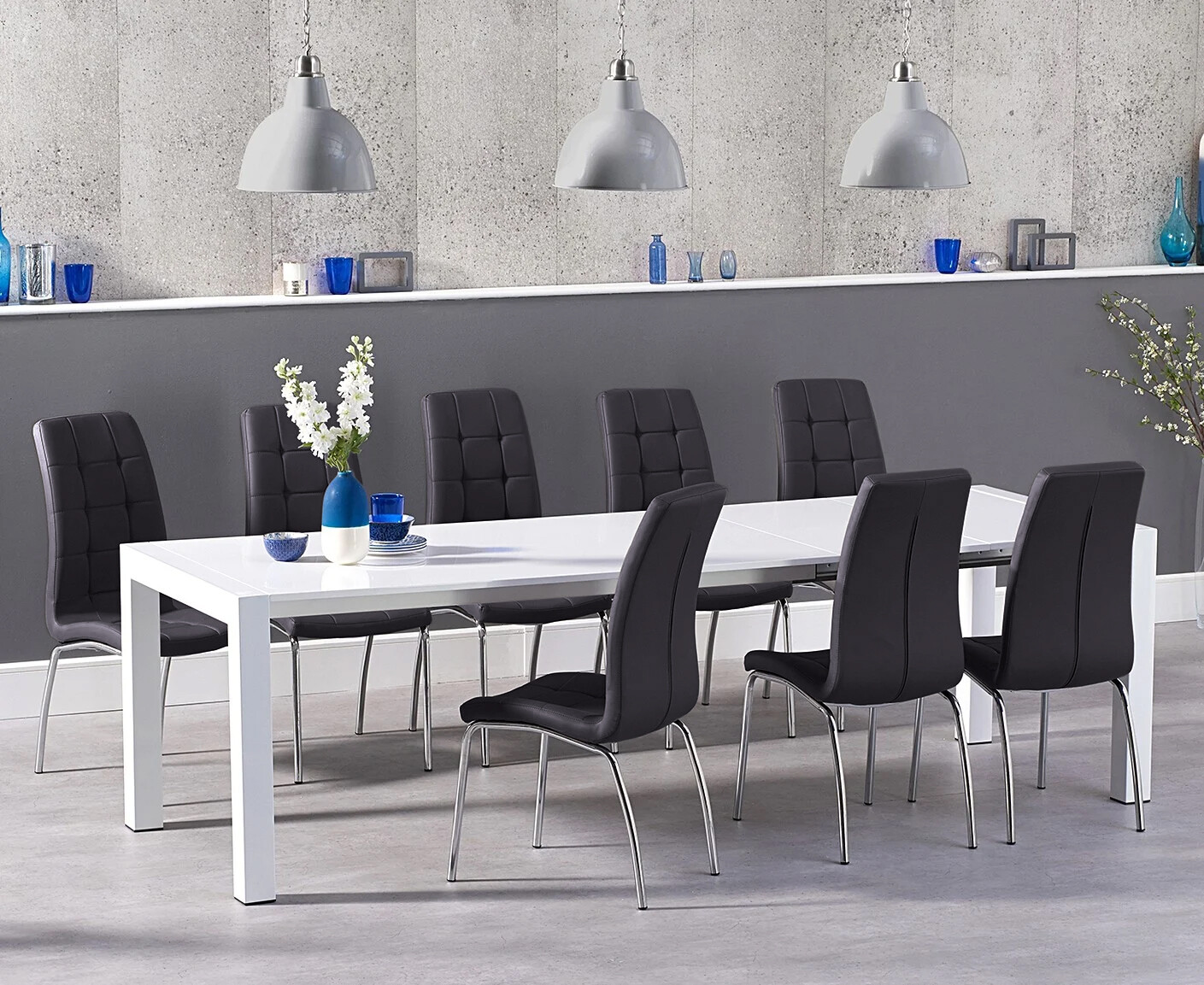 Product photograph of Cleveland Extending White High Gloss Dining Table With 6 Black Enzo Chairs from Oak Furniture Superstore
