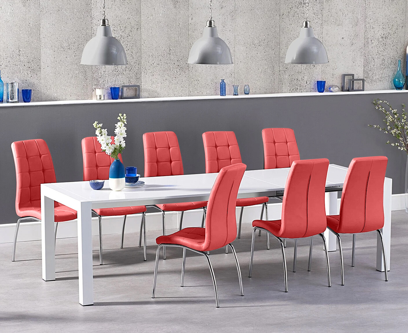 Photo 2 of Cleveland extending white high gloss dining table with 12 red enzo chairs