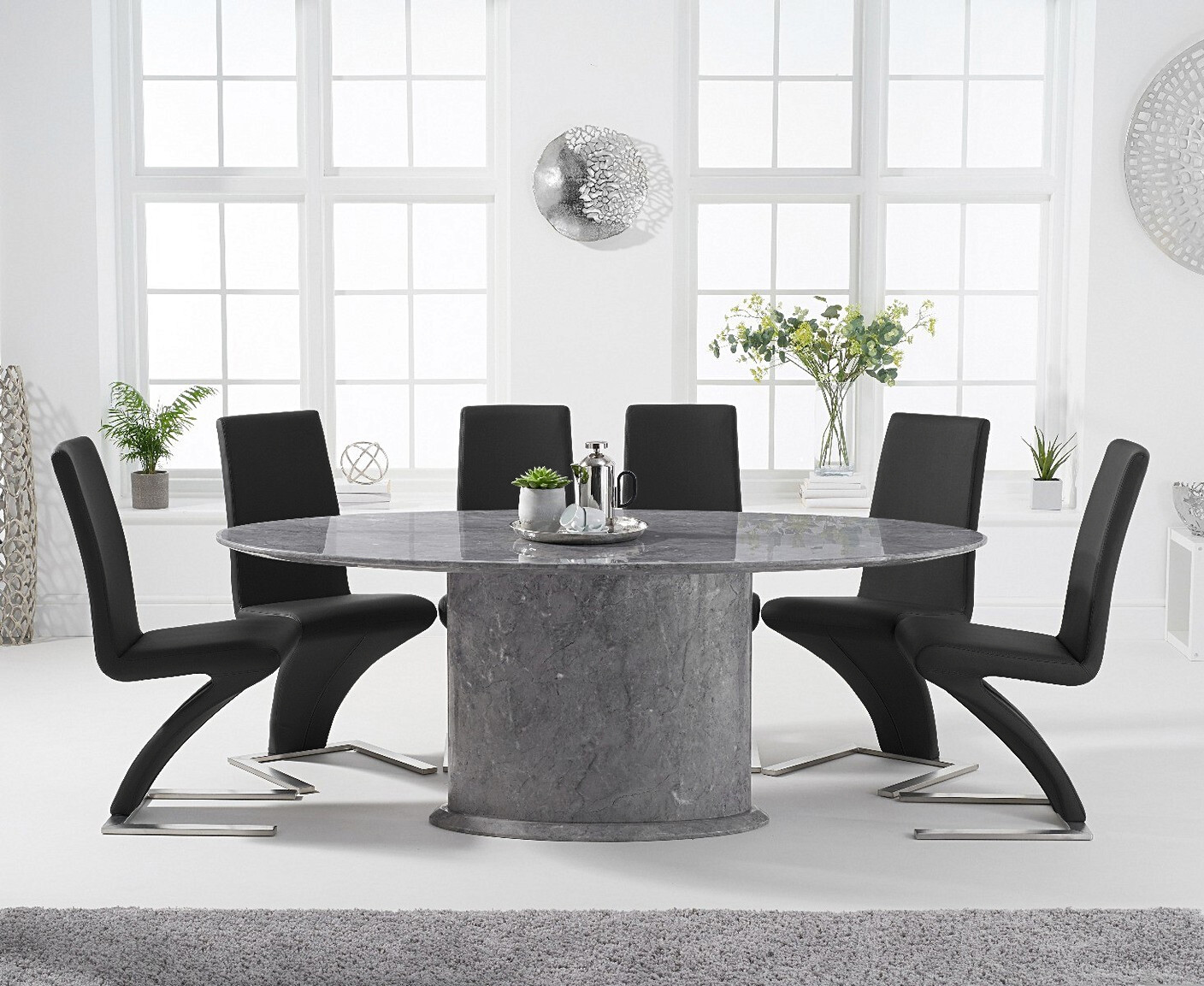 Product photograph of Colby 200cm Oval Grey Marble Dining Table With 6 Black Aldo Chairs from Oak Furniture Superstore