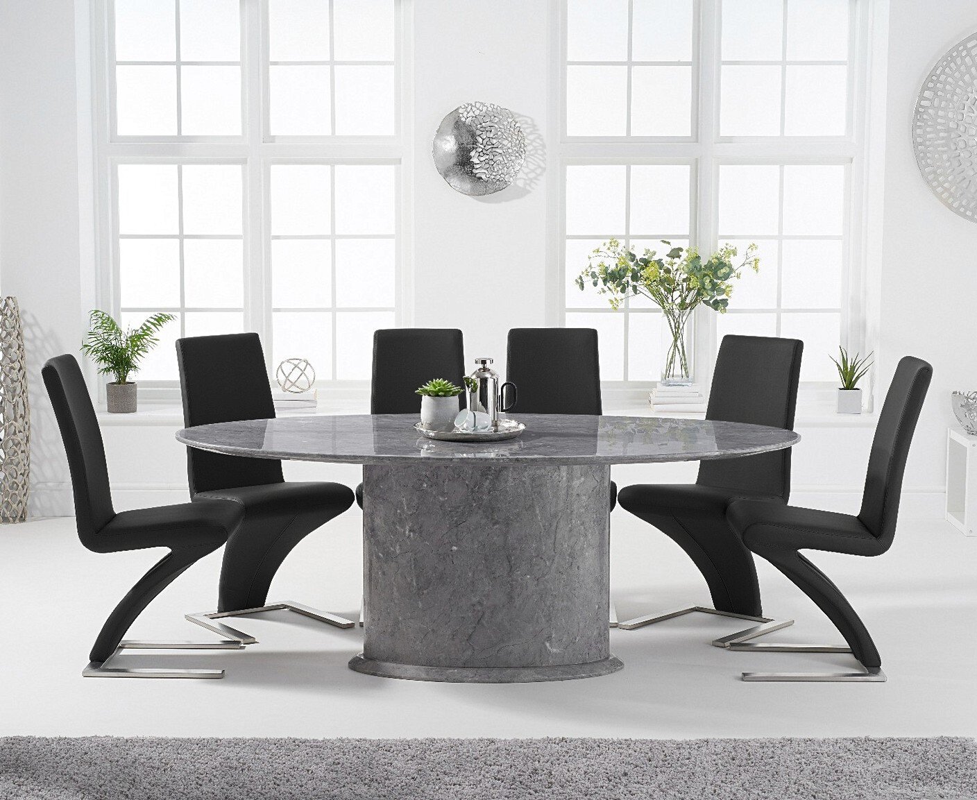 Colby 200cm Oval Grey Marble Dining Table With 6 Black Aldo Chairs